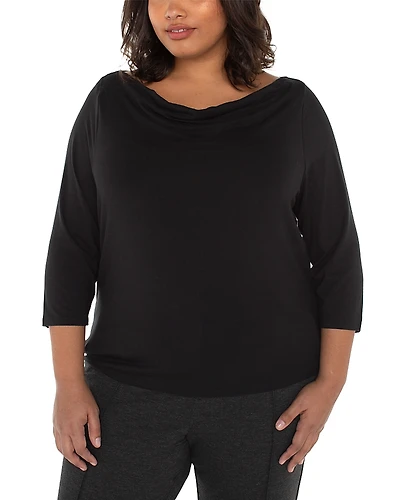 Liverpool Los Angeles Plus Three Quarter Sleeve Drape Neck Knit Top