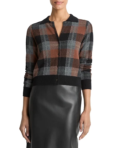 Vince Check Plaid Cashmere Polo Cardigan