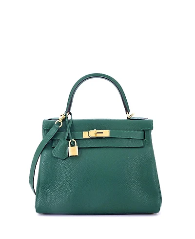 Pre-Owned Hermes Kelly 28 Handbag Green Clemence with Gold Hardware