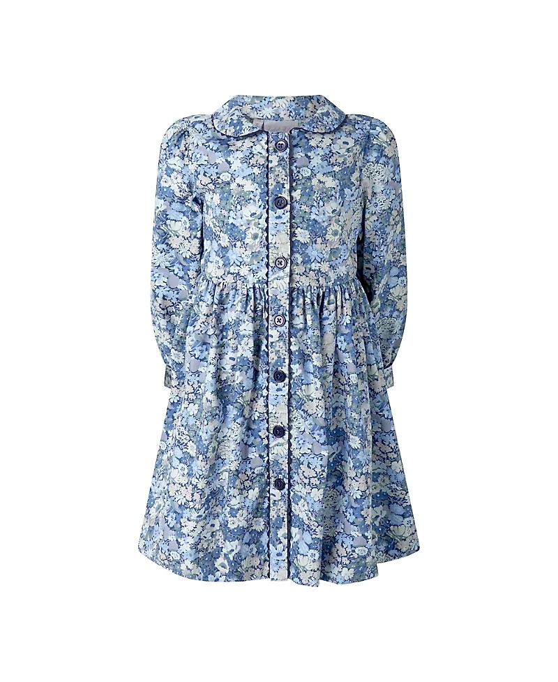 Rachel Riley Girls' Blue Floral Ls Button-Front Dress - Little Kid, Big Kid
