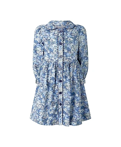Rachel Riley Girls' Blue Floral Ls Button-Front Dress - Little Kid, Big Kid