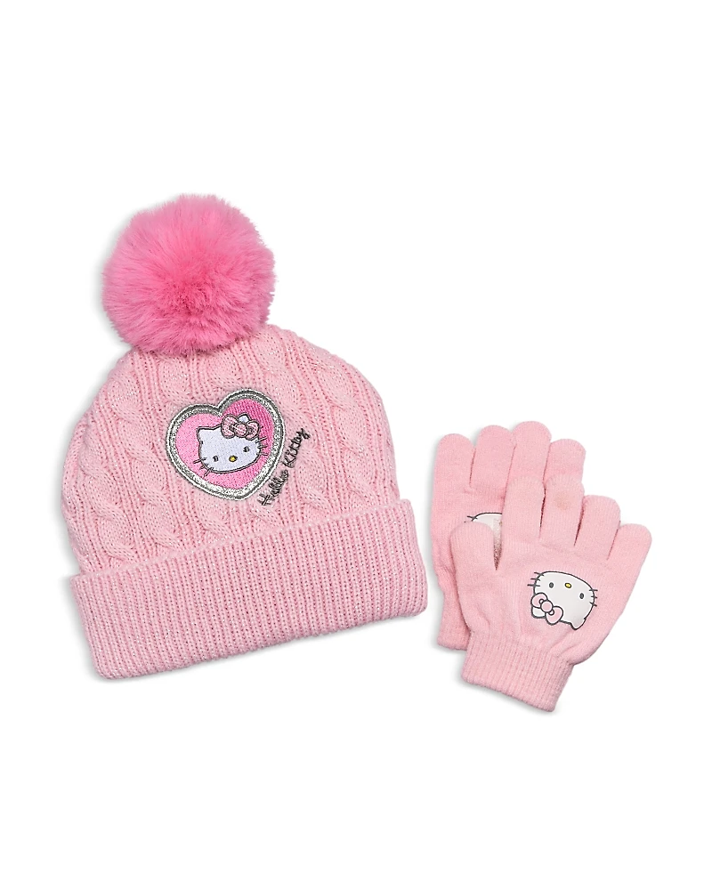 Capelli Hello Kitty Metallic Cable Knit Beanie & Gloves Set - Little Kid, Big Kid