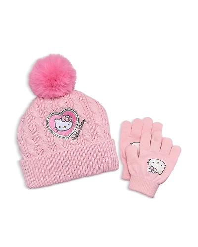 Capelli Hello Kitty Metallic Cable Knit Beanie & Gloves Set - Little Kid, Big Kid