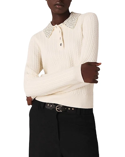 Maje Rhinestone Collar Polo Shirt