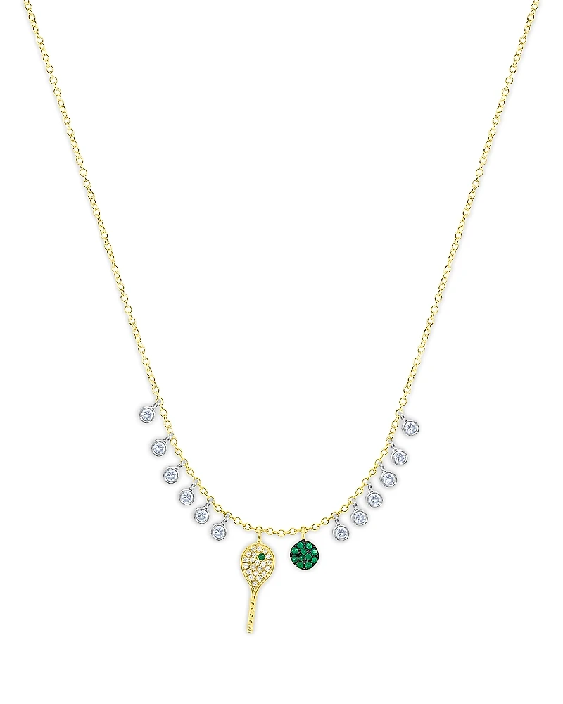 Meira T 14K White & Yellow Gold Diamond & Emerald Tennis Ball & Racket Dangle Pendant Necklace, 16-18