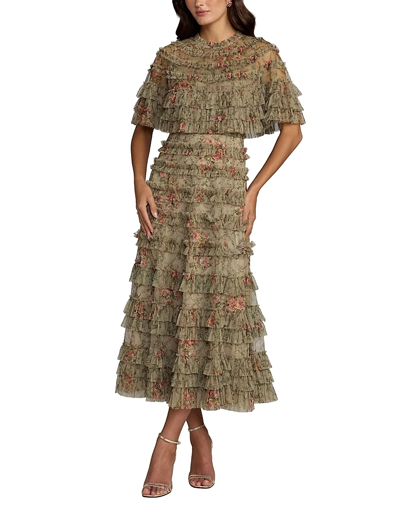 Mac Duggal Floral Mesh Ruffle Midi Dress
