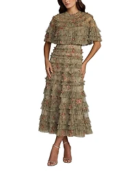 Mac Duggal Floral Mesh Ruffle Midi Dress