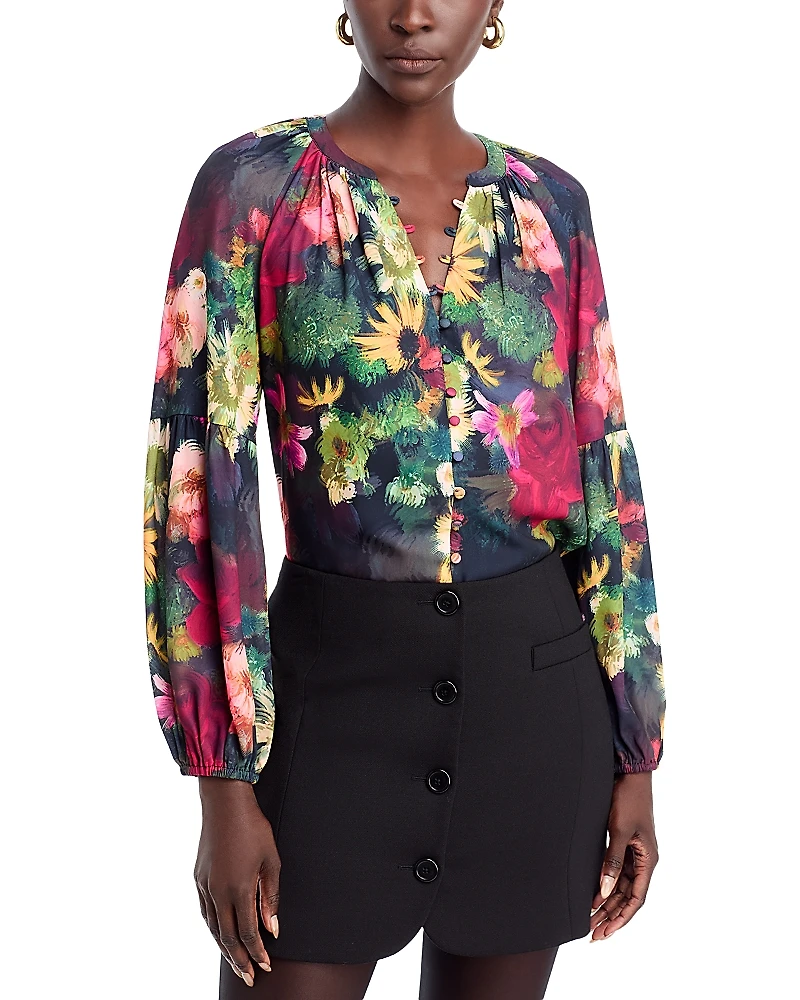 T Tahari Floral Split Neck Button Down Blouse