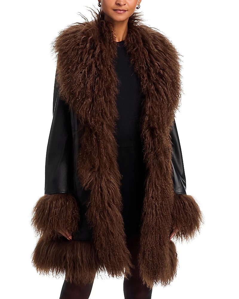 Susanna Chow Dorothy Leather & Shearling Trim Midi Coat