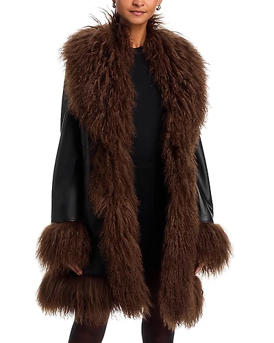 Susanna Chow Dorothy Leather & Shearling Trim Midi Coat