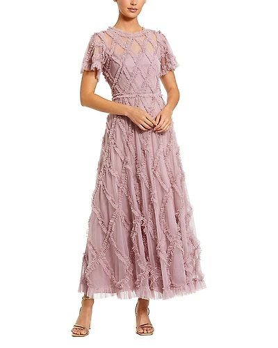 Mac Duggal Mesh High Neck Short Sleeve Ruffle Ankle Dress