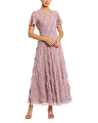 Mac Duggal Mesh High Neck Short Sleeve Ruffle Ankle Dress