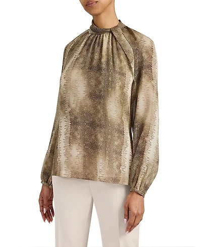 Santorelli Dakota Mock Neck Printed Blouse with Long Lantern Sleeves