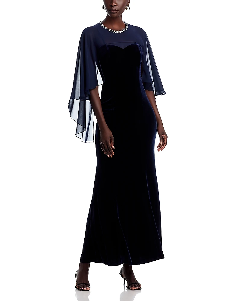 Eliza J Embellished Neck Cape Mermaid Gown