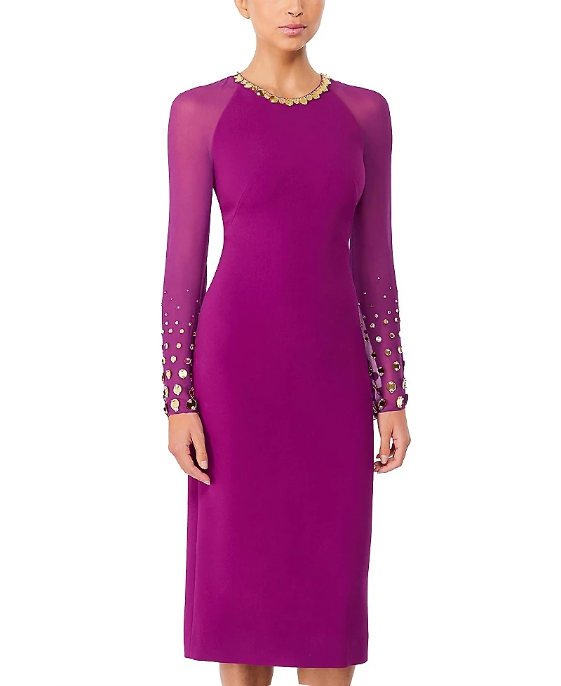 Jenny Packham Eurabia Mesh-Sleeve Midi Dress