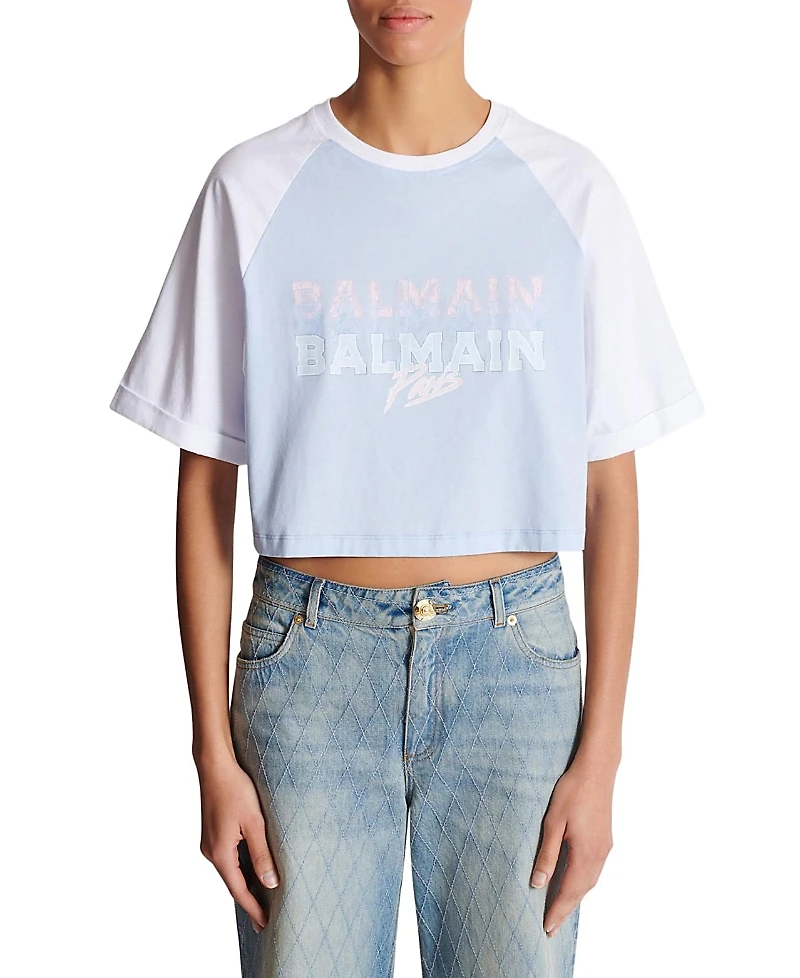 Balmain Cropped T-Shirt with Paris Print