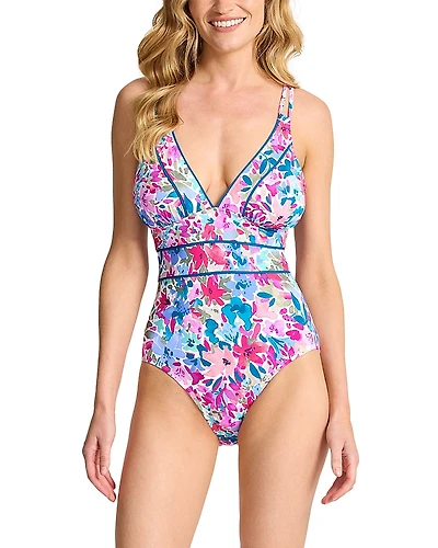 Tommy Bahama Watercolor Floral V Neck One Piece Swimsuit