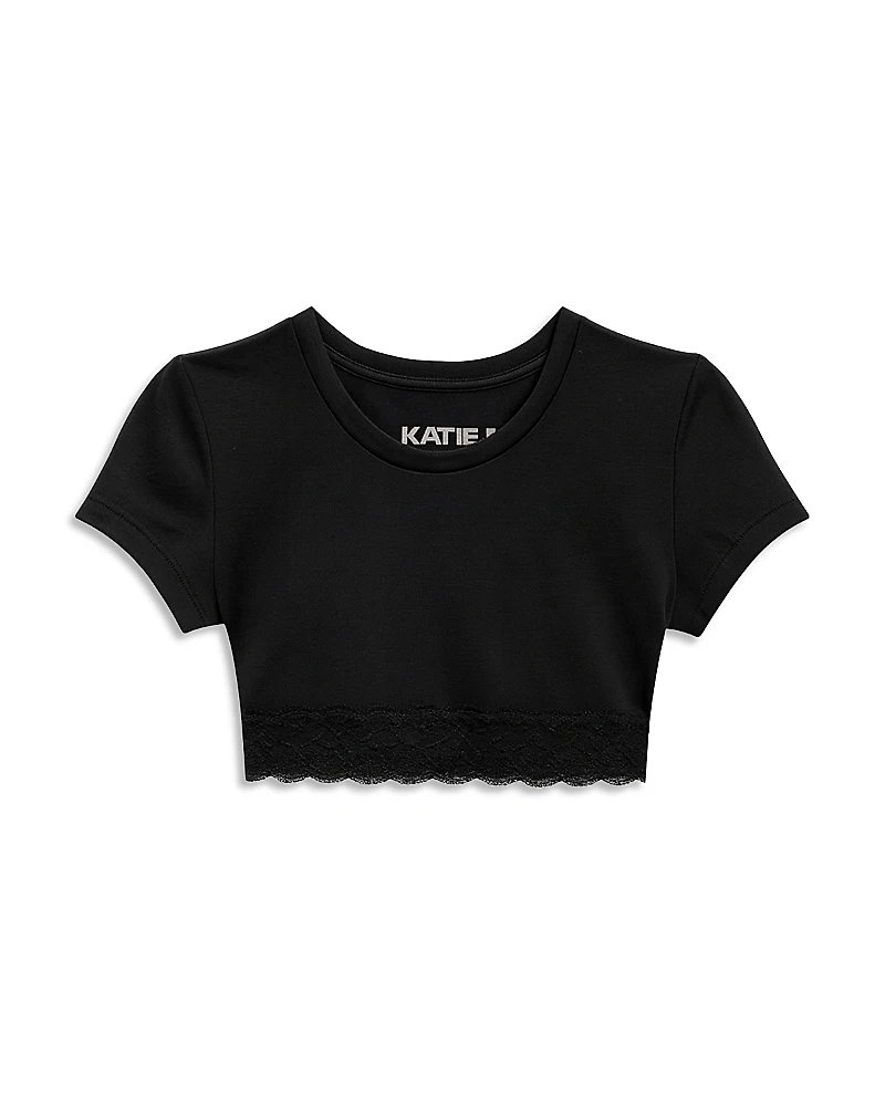 KatieJnyc Girls' Lace Hem Crop Tee - Big Kid