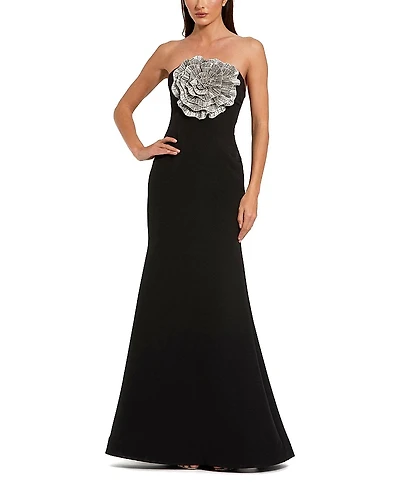 Mac Duggal Crepe Strapless Gown With 3D Rhinestone Flower