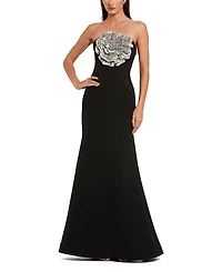 Mac Duggal Crepe Strapless Gown With 3D Rhinestone Flower