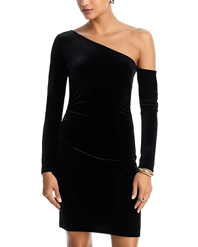 L'Agence Lynne Velvet Long Sleeve One Shoulder Dress