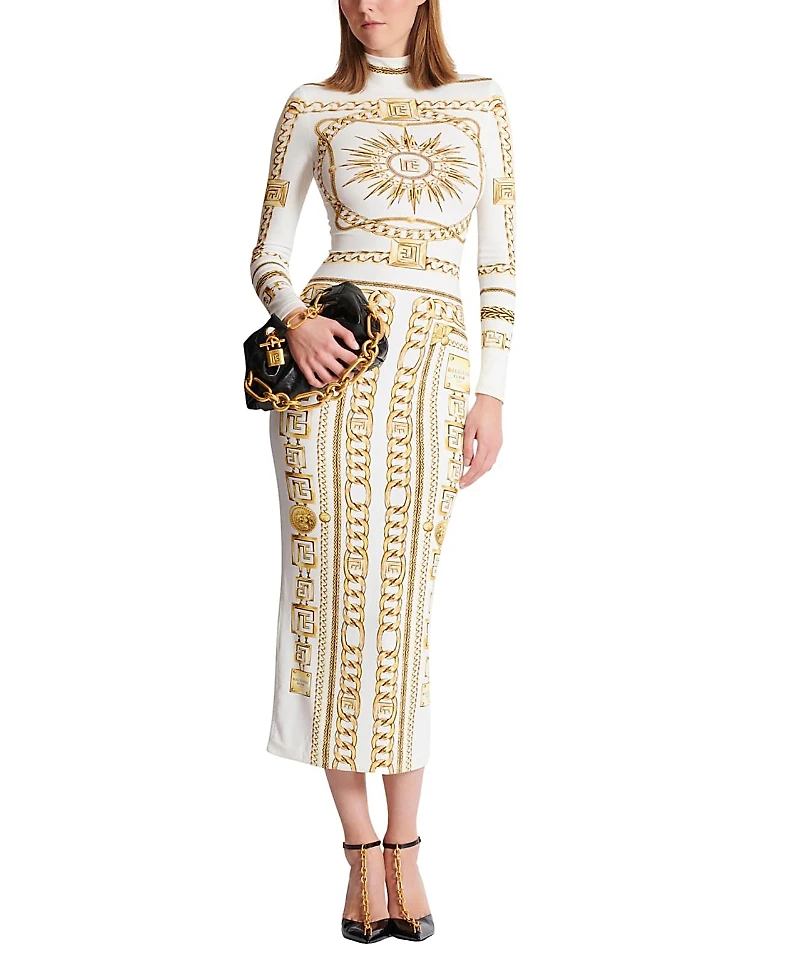 Balmain Long Printed Bodycon Dress with Foulard Pattern