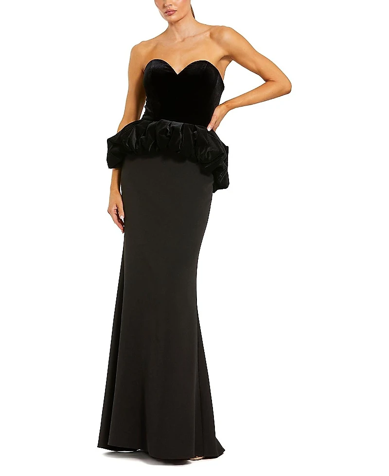 Mac Duggal Strapless Velvet Peplum Top with Crepe Skirt Gown