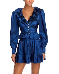 Aqua Crinkle Ruffle Collar Long Sleeve Blouse - Exclusive