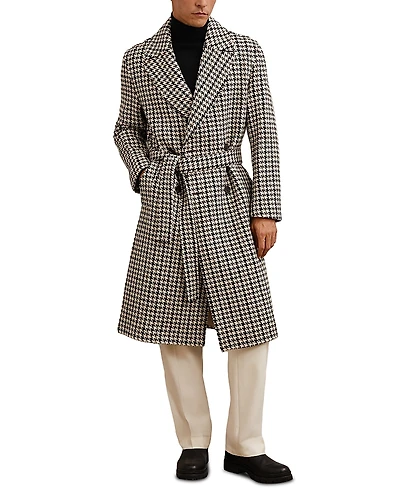 Reiss Solesto Wool Dogtooth Check Regular Fit Double Breasted Overcoat