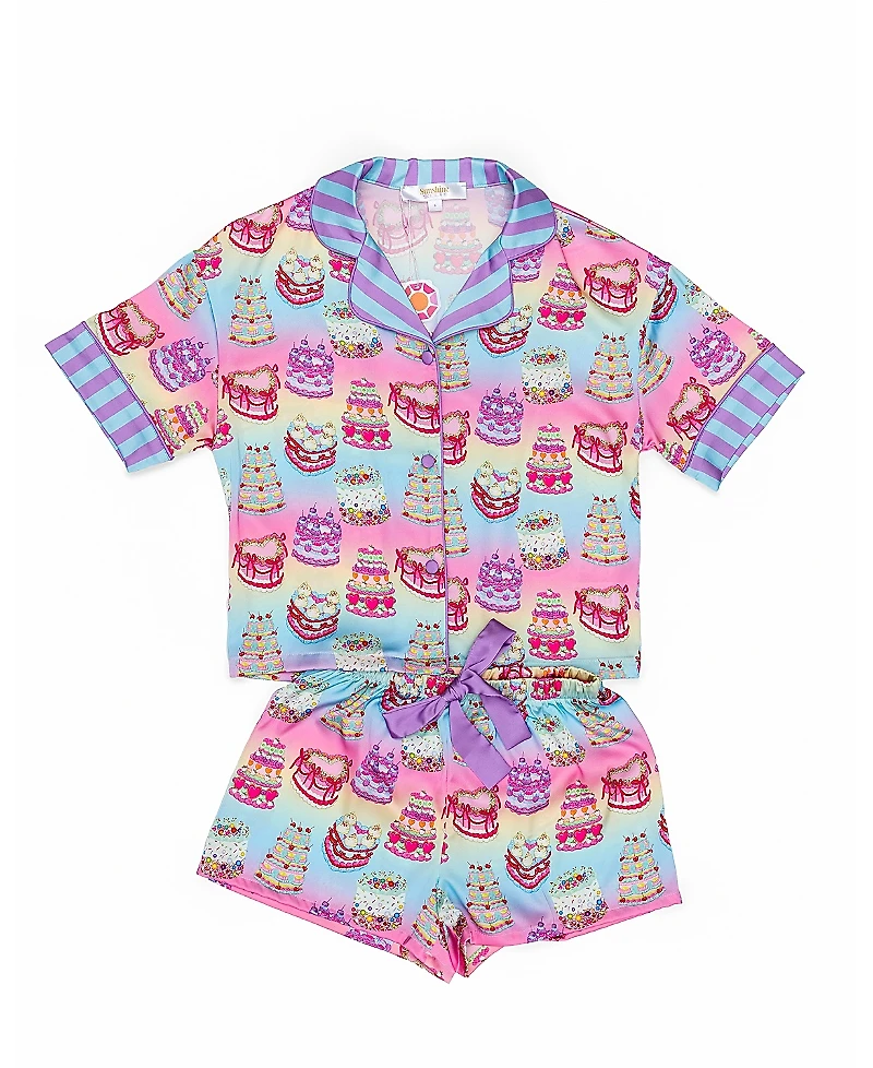 Sunshine Society Girls' It's My Party Silky Short Sleeve Shorts Set-Little Kid, Big Kid