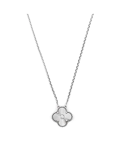 Pre-Owned Van Cleef & Arpels Vintage Alhambra Pendant Necklace Guilloche 18K White Gold with Diamond, 14.5