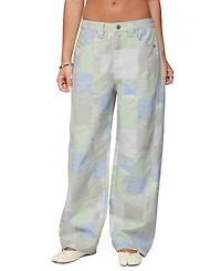 Edikted Patchwork Low Rise Baggy Light Rinse Wash Jeans