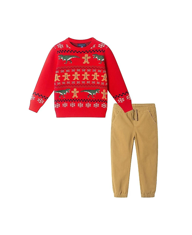 Andy & Evan Boys' Gingerbread Dino Fair Isle Sweater Pant Set - Little Kid, Big Kid