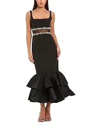 Mac Duggal Jewel Detail Crepe Ruffle Hem Midi Dress