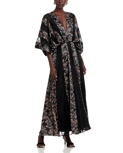 Koko + Mason Printed Kimono Sleeve Lace Detail Maxi Dress