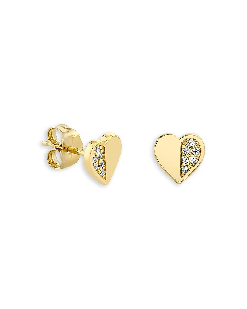 Sydney Evan 14K Yellow Gold Diamond Half Pave Heart Stud Earrings, 0.05 tcw