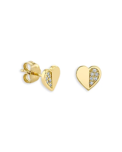 Sydney Evan 14K Yellow Gold Diamond Half Pave Heart Stud Earrings, 0.05 tcw