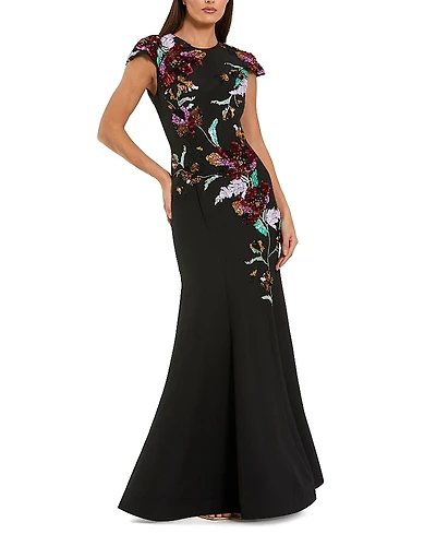 Mac Duggal Crepe Mermaid Gown with Floral Embroidery
