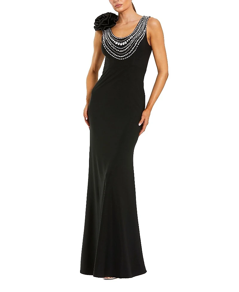 Mac Duggal Beaded Scoop Neck Jersey Gown with 3D Flower