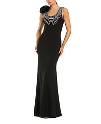 Mac Duggal Beaded Scoop Neck Jersey Gown with 3D Flower