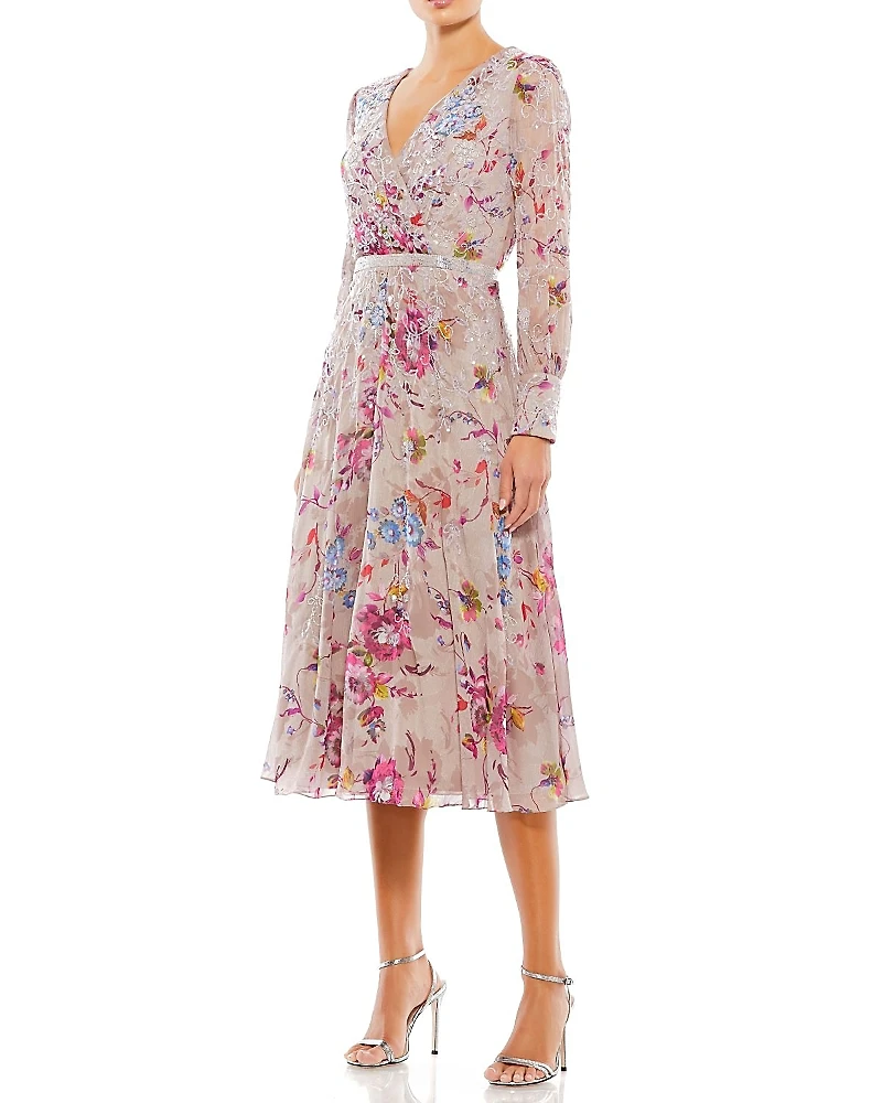Mac Duggal Embellished Floral Long Sleeve Midi Dress