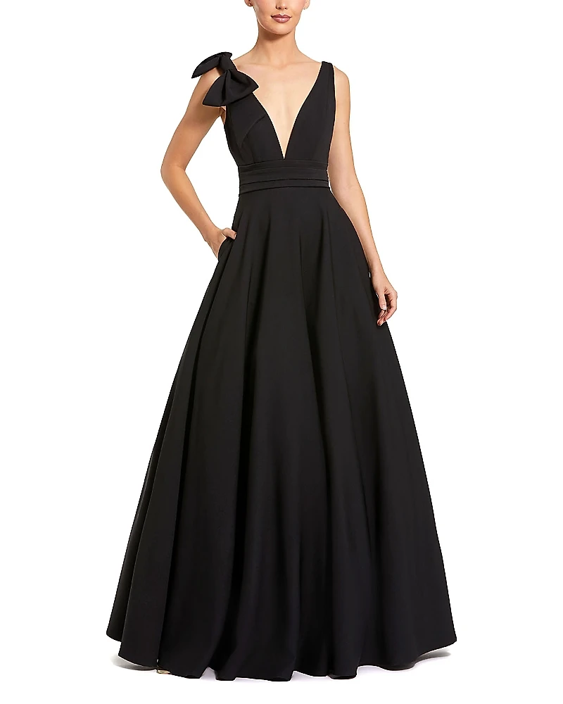 Mac Duggal Crepe Sleeveless Plunge Neck Ballgown with Bow