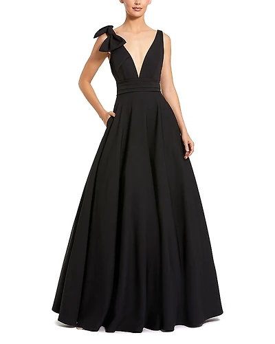 Mac Duggal Crepe Sleeveless Plunge Neck Ballgown with Bow
