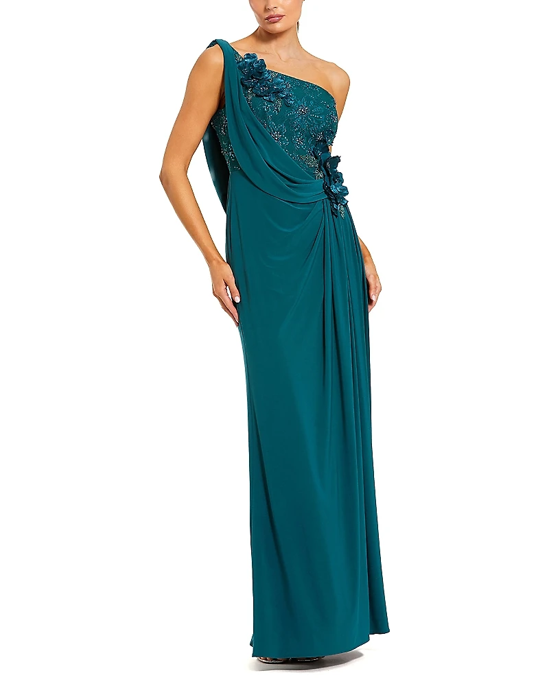 Mac Duggal Jersey One Shoulder Cowl Gown With 3D Flowers