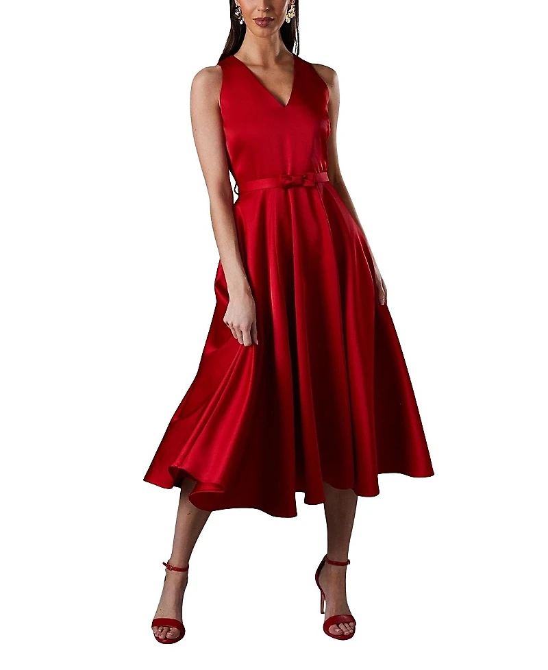 Coast Bow Trim V-Neck Volume Skirt Midi Dress