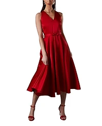 Coast Bow Trim V-Neck Volume Skirt Midi Dress