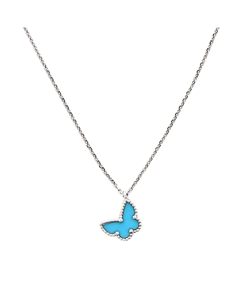 Pre-Owned Van Cleef & Arpels Sweet Alhambra Butterfly Pendant Necklace 18K White Gold with Turquoise, 14.75 - 15.5"