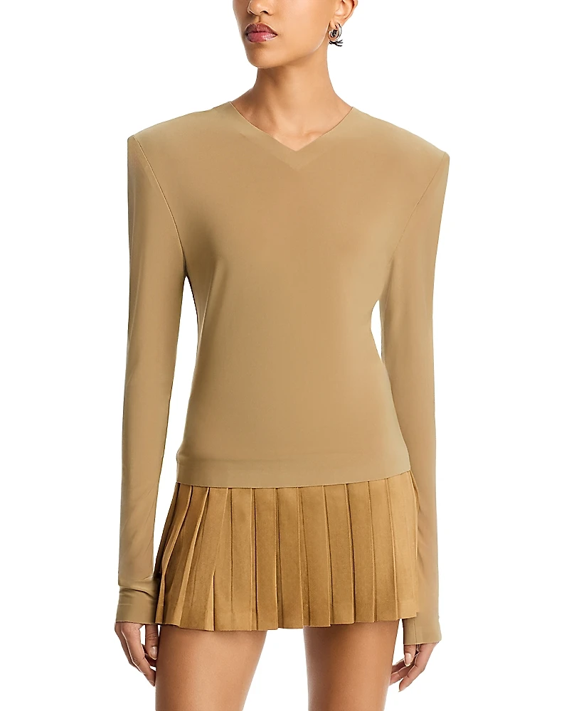 Norma Kamali Long Sleeve Shoulder Pad V Neck Top