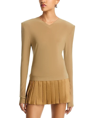 Norma Kamali Long Sleeve Shoulder Pad V Neck Top