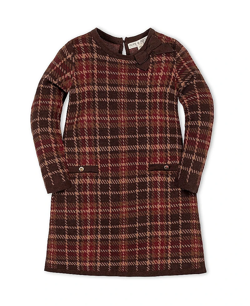 Hope & Henry Girls' Organic Long Sleeve Bow Detail Intarsia Sweater Dress - Little Kid